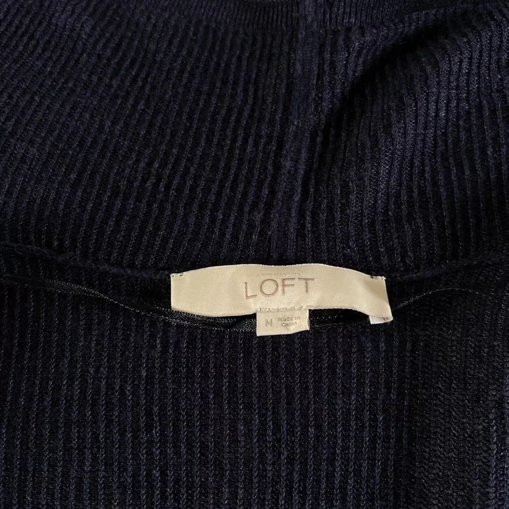 Loft Sweater Womens Size M Blue Linen Open Front Minimalist Draped Waterfall‎
